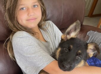 Young child hugging a German Shepherd puppy with love and joy